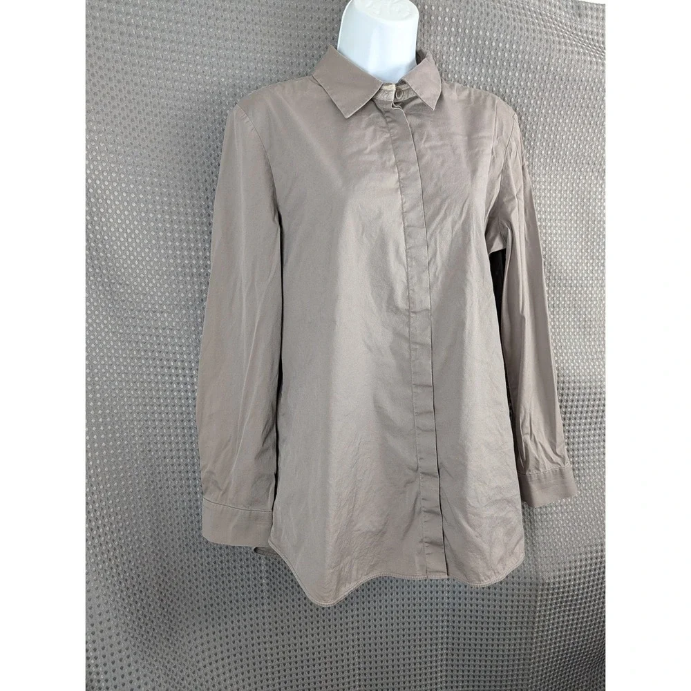Lafayette 148 New York Womens L Taupe Button Up Shirt Stretch Hidden Placket - Picture 2 of 14